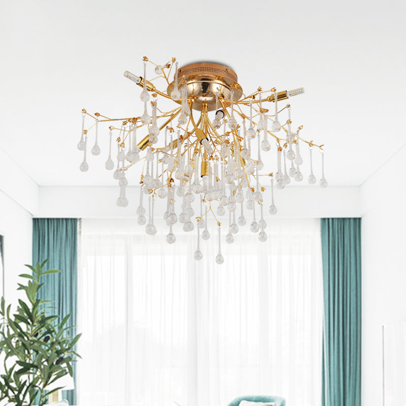 Plafonnier semi-encastré traditionnel en cristal à 10 têtes pour chambre à coucher Cascade - Doré