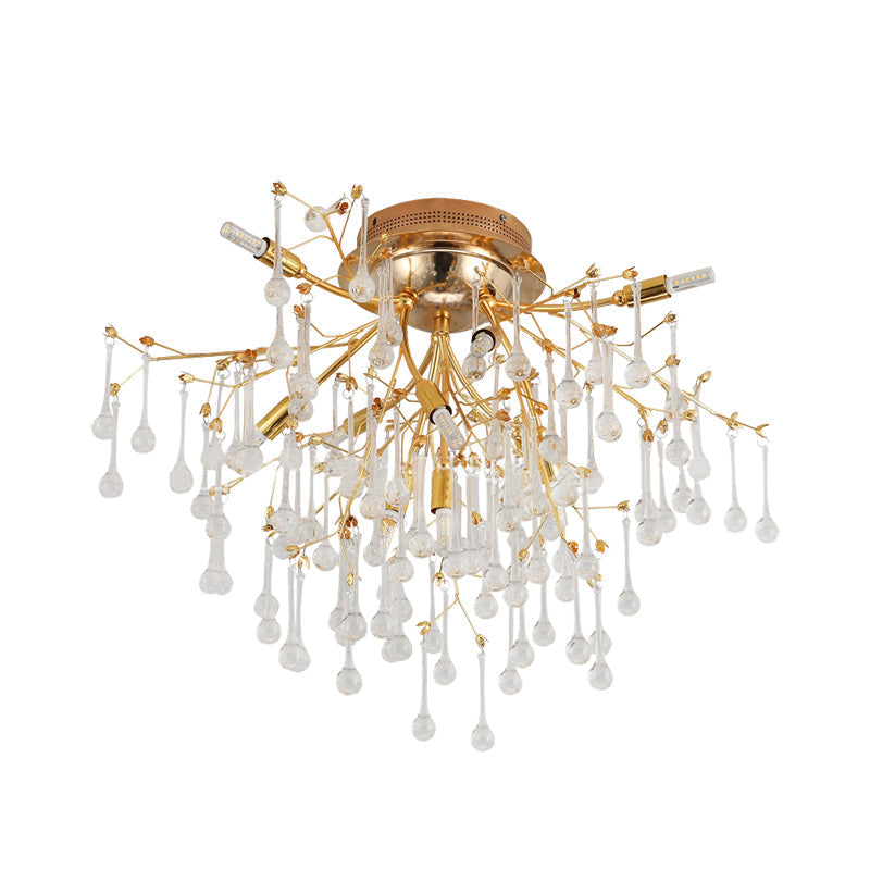 Plafonnier semi-encastré traditionnel en cristal à 10 têtes pour chambre à coucher Cascade - Doré