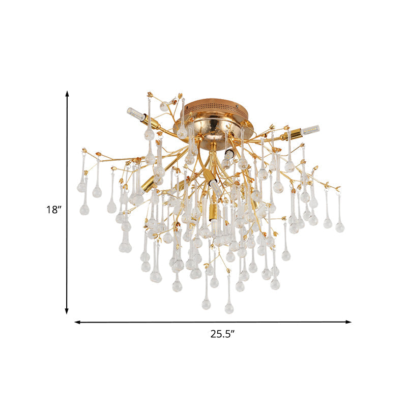 Plafonnier semi-encastré traditionnel en cristal à 10 têtes pour chambre à coucher Cascade - Doré