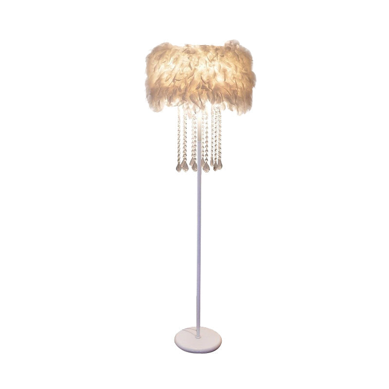 Modernist Feather White Standing Floor Lamp With Crystal Drapes