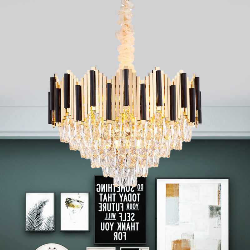 Lustre conique moderne noir et or avec prismes en cristal à 6 lumières - Suspension de plafond élégante pour le salon