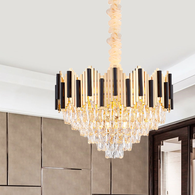 Lustre conique moderne noir et or avec prismes en cristal à 6 lumières - Suspension de plafond élégante pour le salon