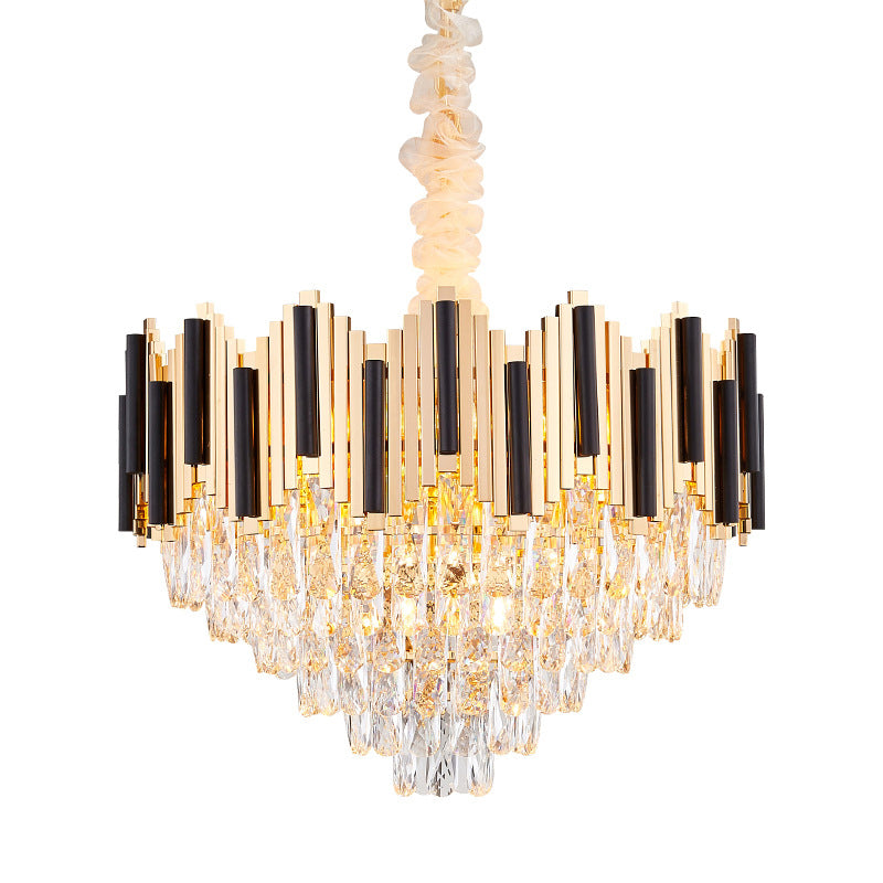 Lustre conique moderne noir et or avec prismes en cristal à 6 lumières - Suspension de plafond élégante pour le salon