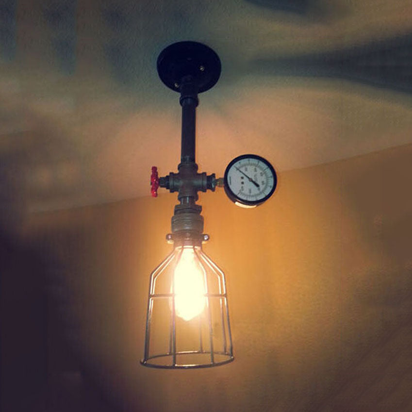 Vintage Style Black Metal Cage Ceiling Light - 1 Light Tapered Design, Semi Flush Mount for Restaurants with Valve and Gauge