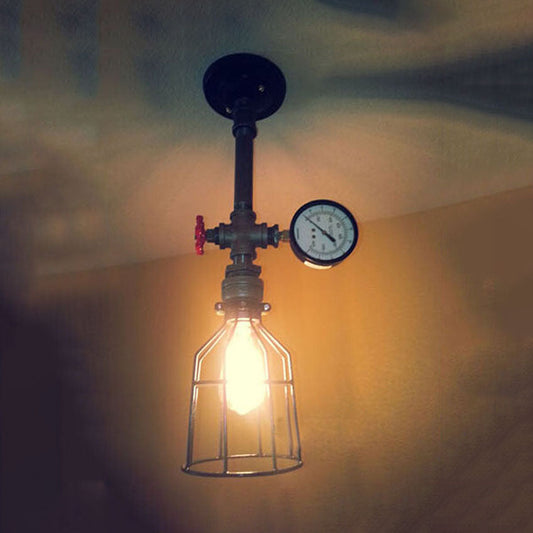Vintage Style Black Metal Cage Ceiling Light - 1 Light Tapered Design, Semi Flush Mount for Restaurants with Valve and Gauge