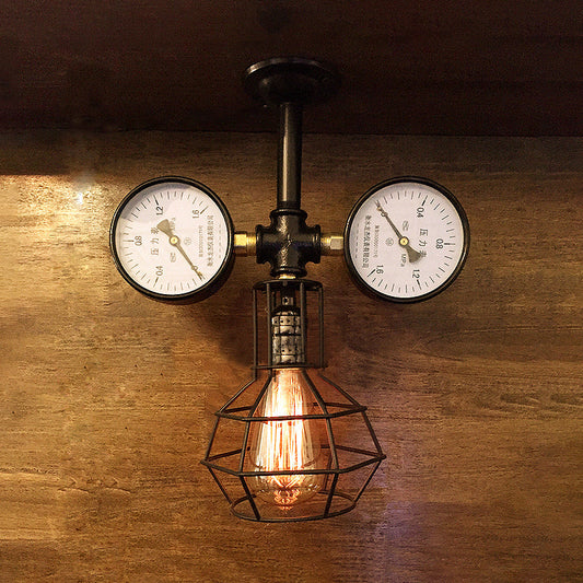 Vintage Black Domed Cage Ceiling Fixture with Gauge Decoration - 1 Light Semi Flush Mount Lamp for Restaurants
