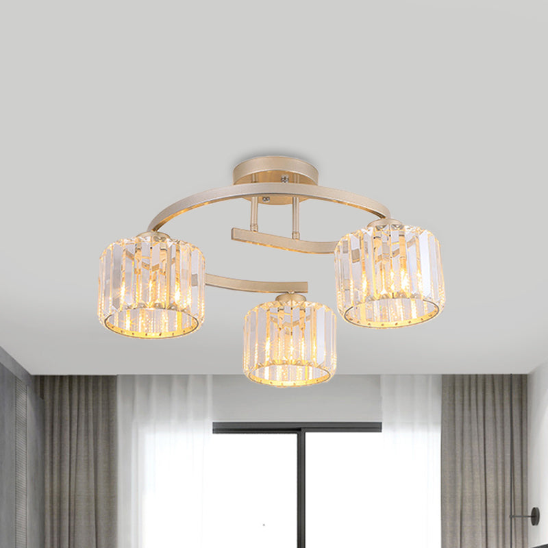 Lustre semi-encastré contemporain en cristal avec bras incurvé doré - Lampe de plafond à 3 têtes pour chambre à coucher