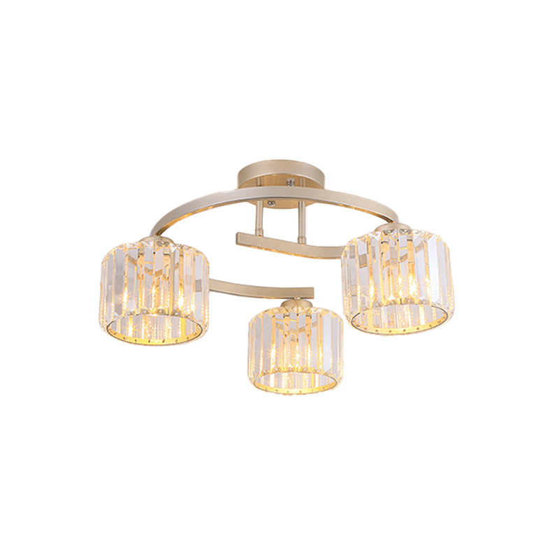 Lustre semi-encastré contemporain en cristal avec bras incurvé doré - Lampe de plafond à 3 têtes pour chambre à coucher