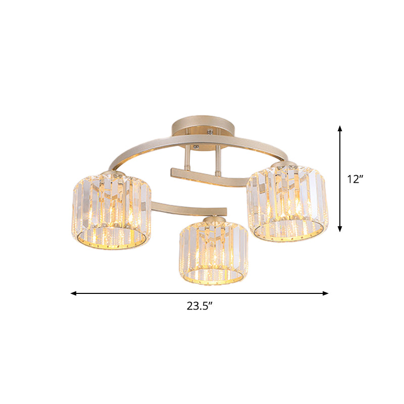 Lustre semi-encastré contemporain en cristal avec bras incurvé doré - Lampe de plafond à 3 têtes pour chambre à coucher