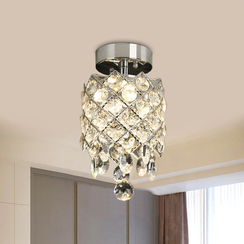Simple Crystal Pineapple Flushmount Ceiling Lamp: Small Corridor, 1-Light, Chrome Finish with Droplet