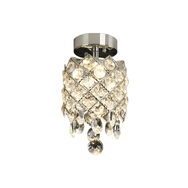 Simple Crystal Pineapple Flushmount Ceiling Lamp: Small Corridor, 1-Light, Chrome Finish with Droplet