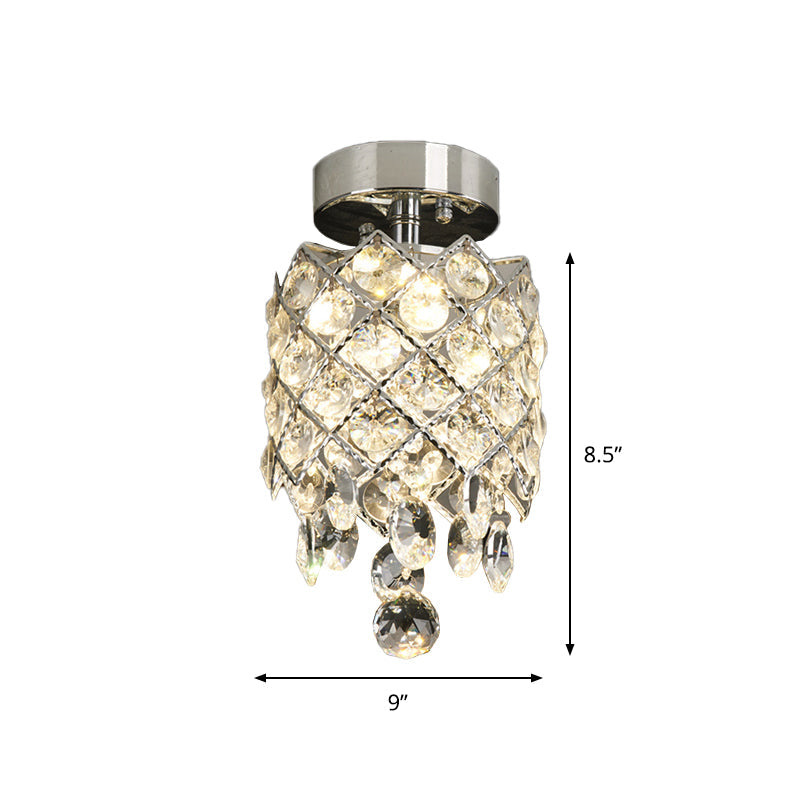 Simple Crystal Pineapple Flushmount Ceiling Lamp: Small Corridor, 1-Light, Chrome Finish with Droplet