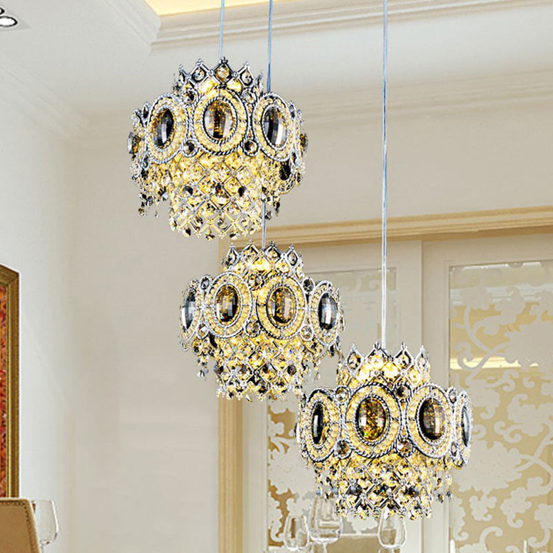 Chrome Floral Pendant Lamp With 3 Crystal Bulbs And Multiple Layers