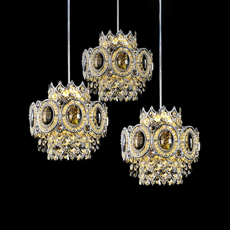 Chrome Floral Pendant Lamp With 3 Crystal Bulbs And Multiple Layers