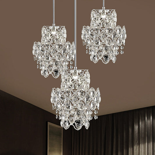 Modern Crystal Hanging Light Fixture with Clear Beveled Crystal - 3 Heads, 2 Layers