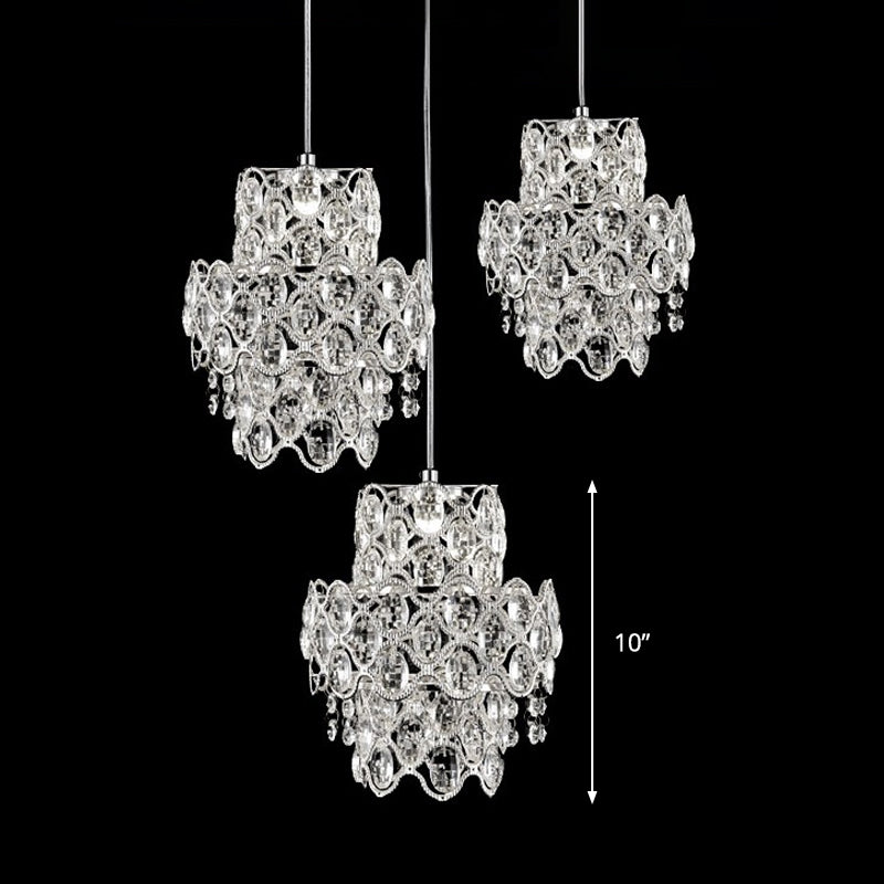 Modern Clear Beveled Crystal Hanging Light Fixture - 3 Heads 2-Layer Pendant Design