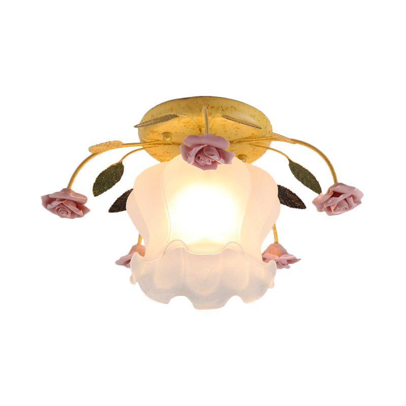 Plafonnier semi-encastré en verre mat crème à boutons de fleurs jaune-rose/blanc-rose pour couloirs