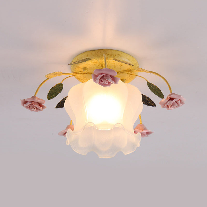 Plafonnier semi-encastré en verre mat crème à boutons de fleurs jaune-rose/blanc-rose pour couloirs