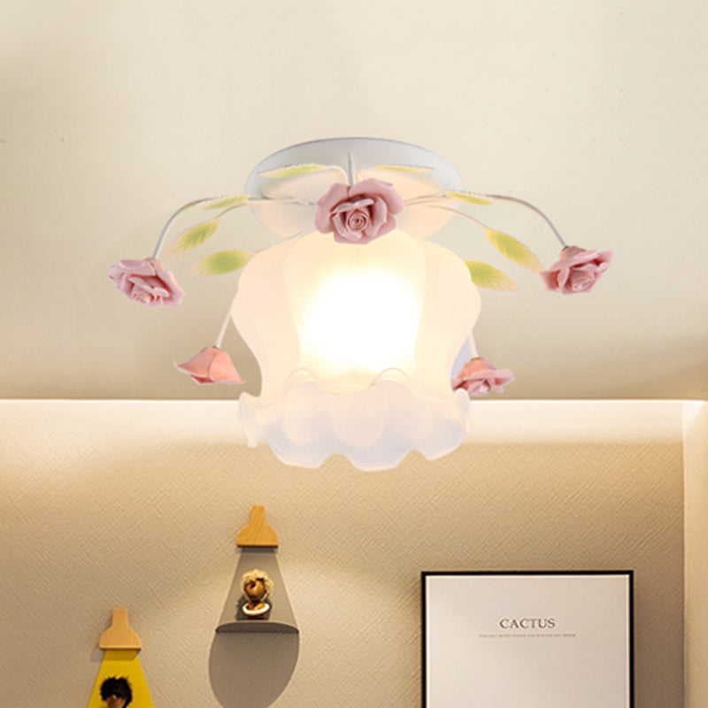 Plafonnier semi-encastré en verre mat crème à boutons de fleurs jaune-rose/blanc-rose pour couloirs