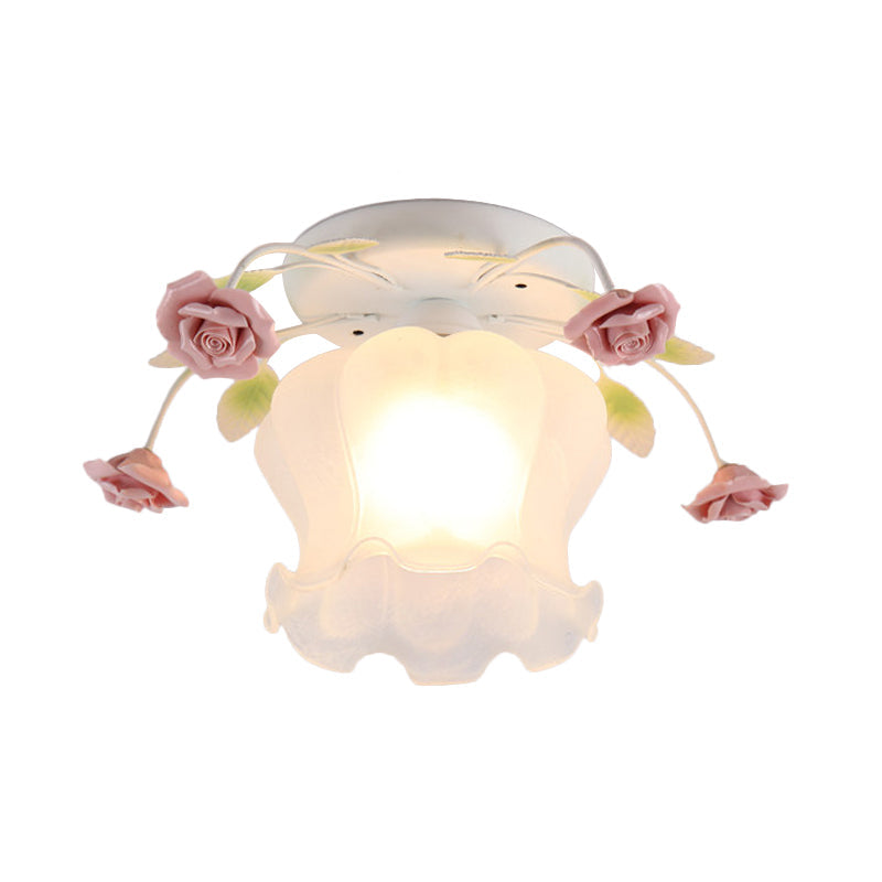 Plafonnier semi-encastré en verre mat crème à boutons de fleurs jaune-rose/blanc-rose pour couloirs