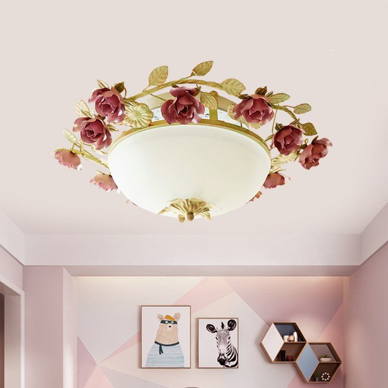 American Flower Bowl Ceiling Flush 3-Light Opal Frosted Glass Flushmount Lighting - Pink/Green, Small/Large Sizes Available