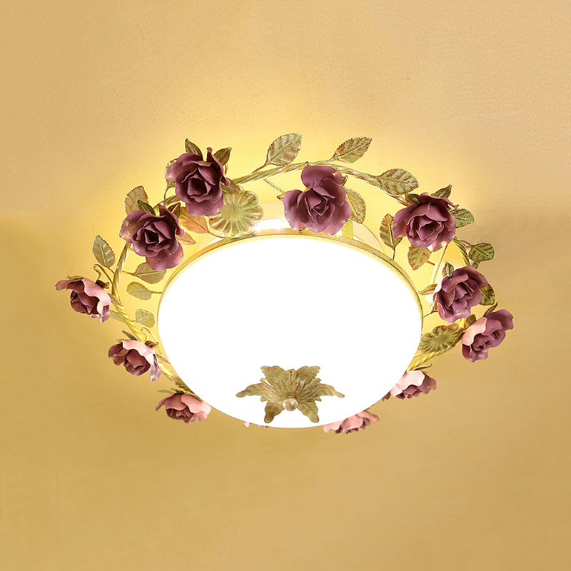 American Flower Bowl Ceiling Flush 3-Light Opal Frosted Glass Flushmount Lighting - Pink/Green, Small/Large Sizes Available