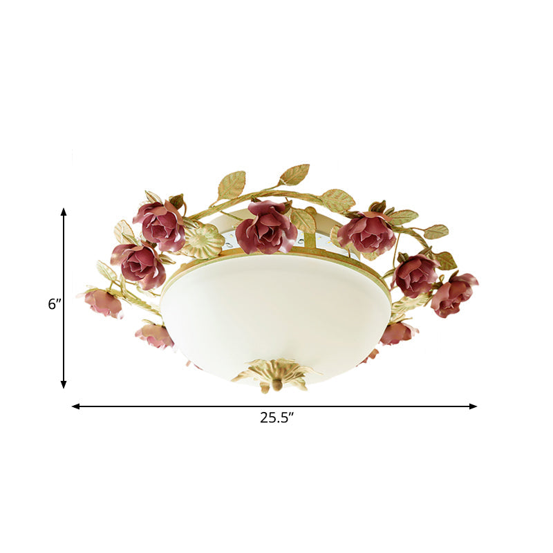 American Flower Bowl Ceiling Flush 3-Light Opal Frosted Glass Flushmount Lighting - Pink/Green, Small/Large Sizes Available