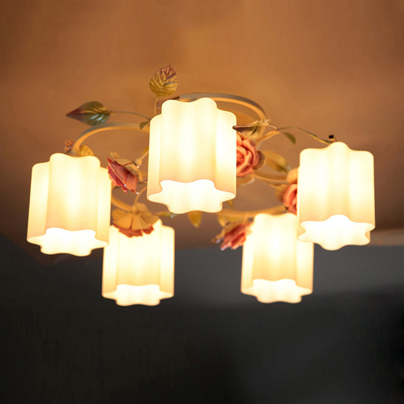 Lustre de plafond à fleurs pastorales romantiques - Tête 3/5, blanc/jaune avec verre dépoli - Montage semi-encastré