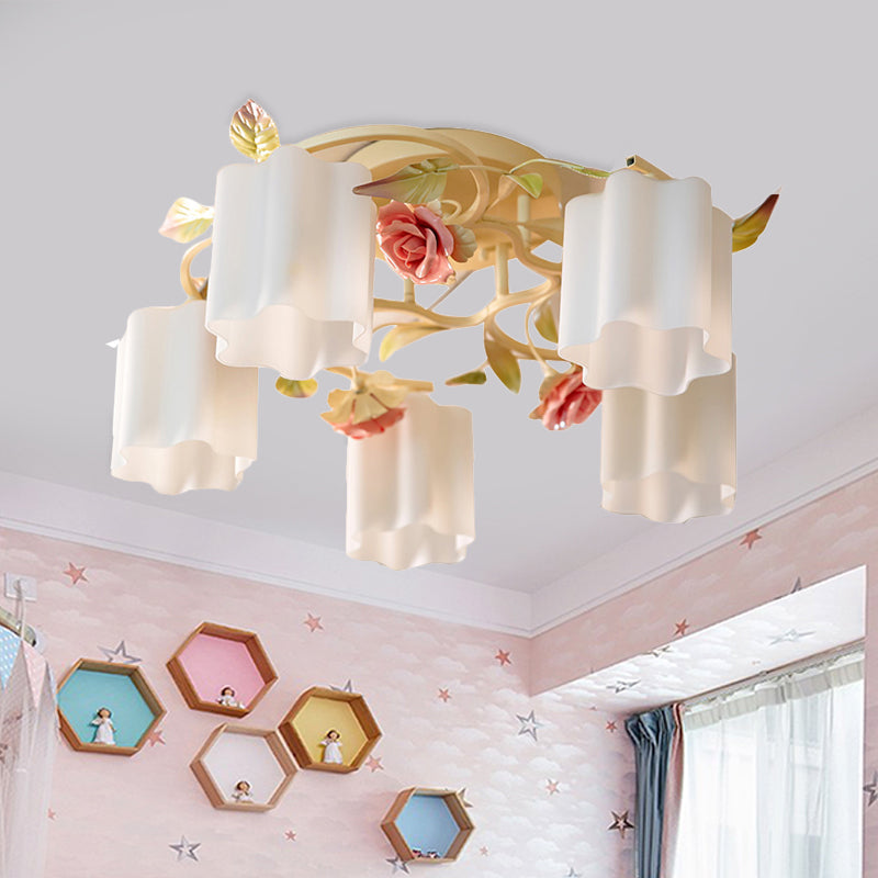 Lustre de plafond à fleurs pastorales romantiques - Tête 3/5, blanc/jaune avec verre dépoli - Montage semi-encastré