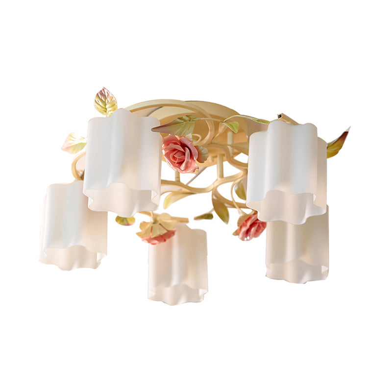 Lustre de plafond à fleurs pastorales romantiques - Tête 3/5, blanc/jaune avec verre dépoli - Montage semi-encastré