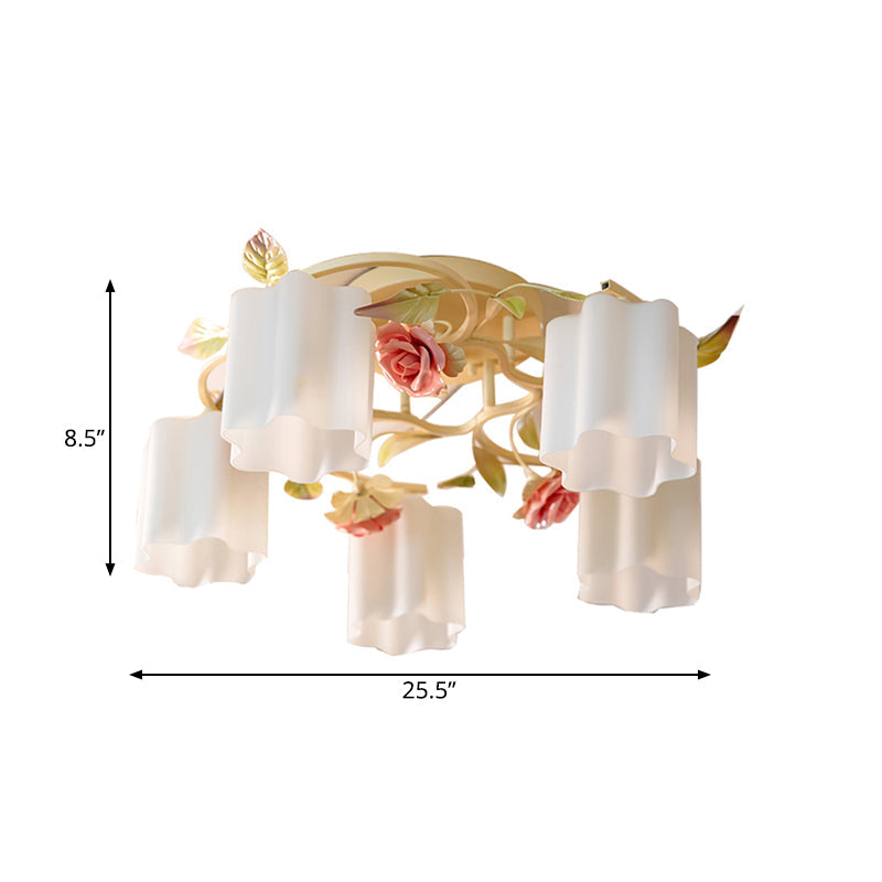 Lustre de plafond à fleurs pastorales romantiques - Tête 3/5, blanc/jaune avec verre dépoli - Montage semi-encastré