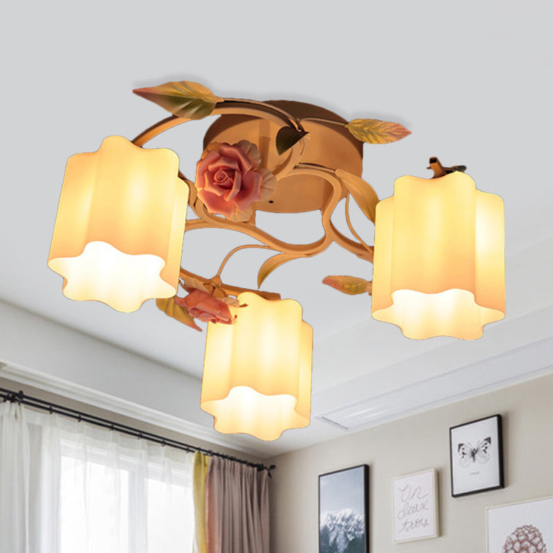 Lustre de plafond à fleurs pastorales romantiques - Tête 3/5, blanc/jaune avec verre dépoli - Montage semi-encastré
