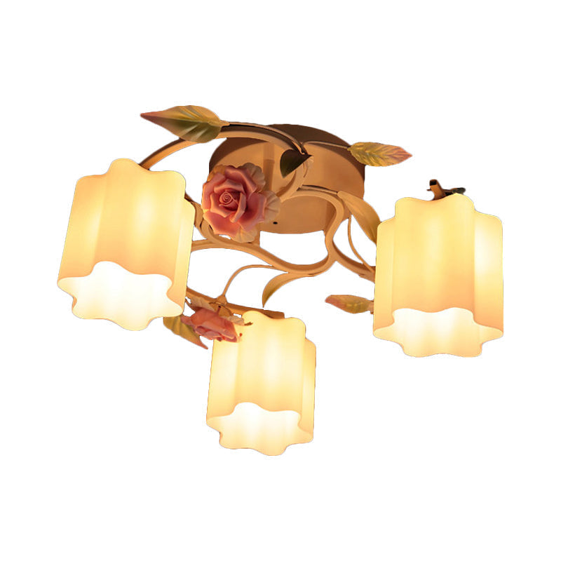 Lustre de plafond à fleurs pastorales romantiques - Tête 3/5, blanc/jaune avec verre dépoli - Montage semi-encastré