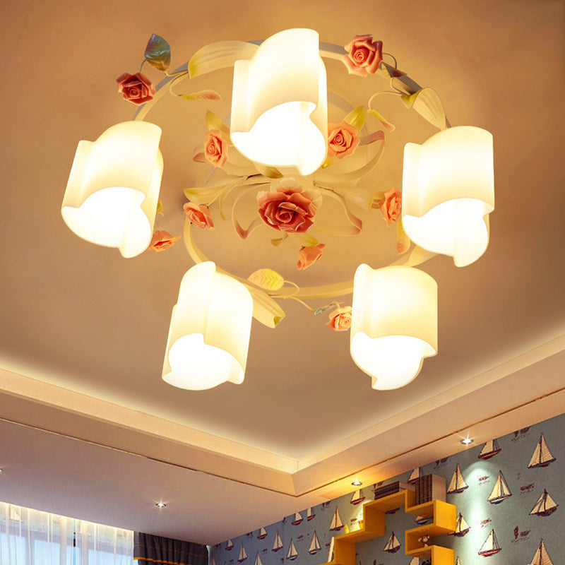 Lustre de plafond à fleurs pastorales romantiques - Tête 3/5, blanc/jaune avec verre dépoli - Montage semi-encastré