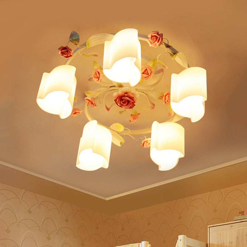 Lustre de plafond à fleurs pastorales romantiques - Tête 3/5, blanc/jaune avec verre dépoli - Montage semi-encastré