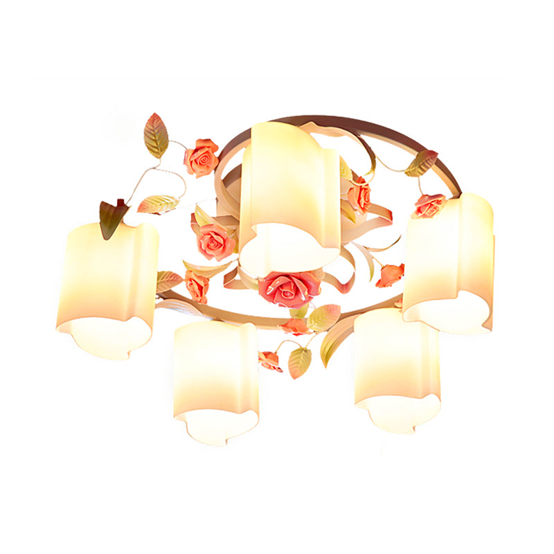 Lustre de plafond à fleurs pastorales romantiques - Tête 3/5, blanc/jaune avec verre dépoli - Montage semi-encastré