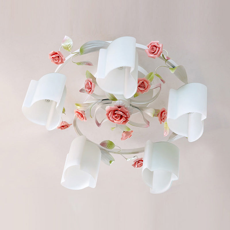 Lustre de plafond à fleurs pastorales romantiques - Tête 3/5, blanc/jaune avec verre dépoli - Montage semi-encastré