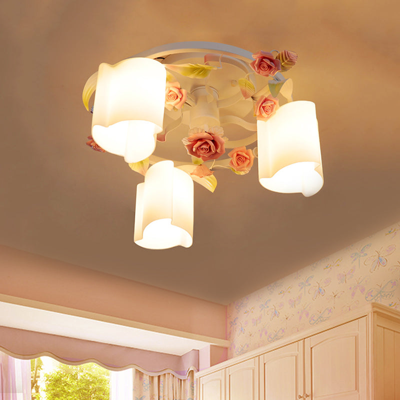 Lustre de plafond à fleurs pastorales romantiques - Tête 3/5, blanc/jaune avec verre dépoli - Montage semi-encastré
