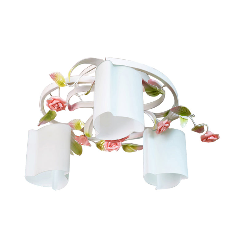 Lustre de plafond à fleurs pastorales romantiques - Tête 3/5, blanc/jaune avec verre dépoli - Montage semi-encastré