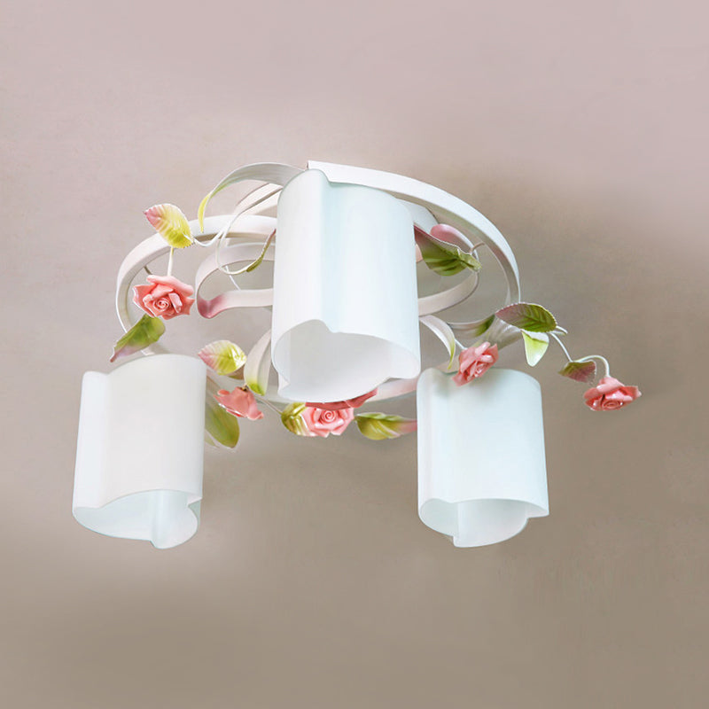 Lustre de plafond à fleurs pastorales romantiques - Tête 3/5, blanc/jaune avec verre dépoli - Montage semi-encastré