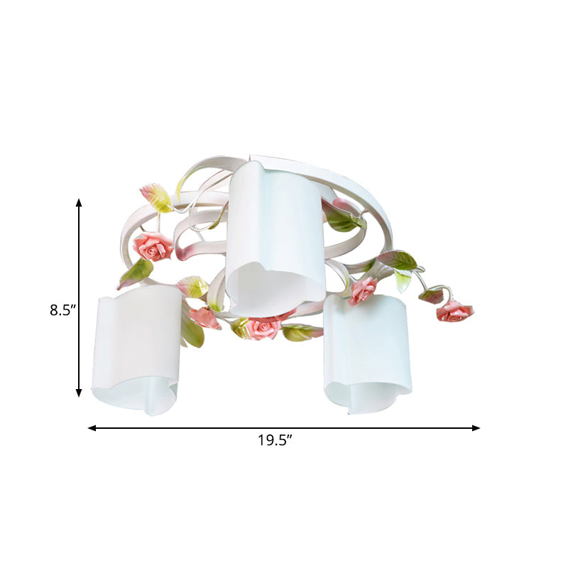 Lustre de plafond à fleurs pastorales romantiques - Tête 3/5, blanc/jaune avec verre dépoli - Montage semi-encastré