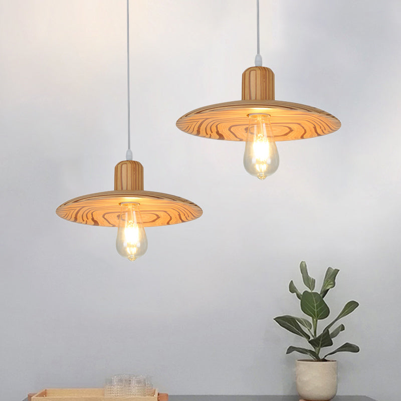 Minimalist Wood Disc Downlight Pendant Lamp - 1 Light, Beige/Orange Red, for Dining Room