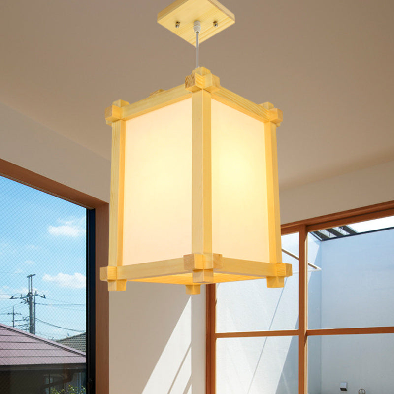 Japanese-Style Wood Pendant Light Fixture - Box Shape, Beige