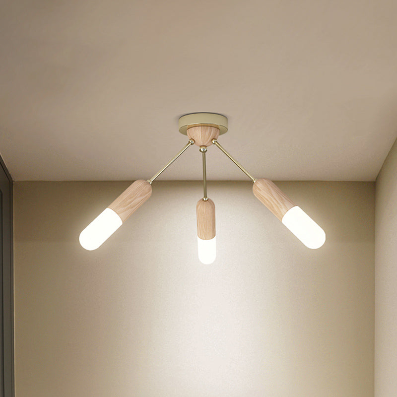 Modern Wood Capsule Semi Mount Ceiling Lamp for Bedroom - Beige, 3/5-Light