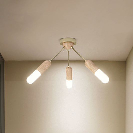 Modern Wood Capsule Semi Mount Ceiling Lamp for Bedroom - Beige, 3/5-Light