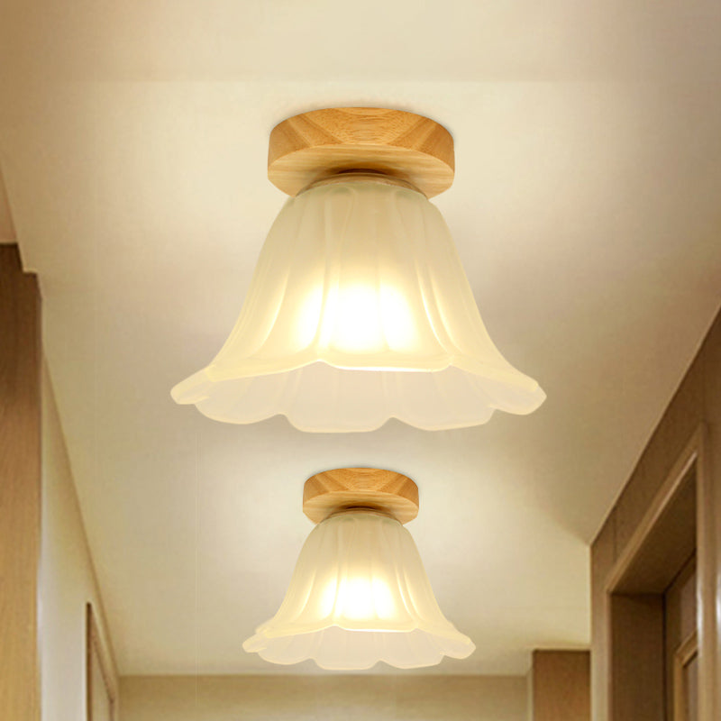 Modern Wood Flush Mount with White Glass Shade - 1-Head Corridor Lamp