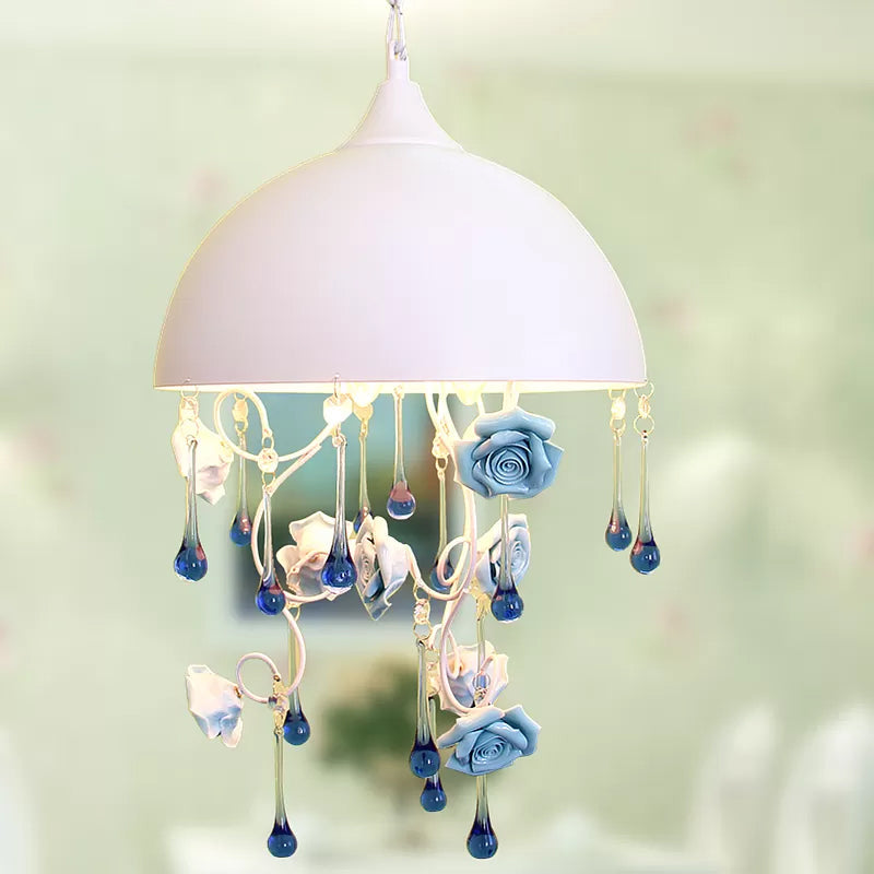 Dome Iron Pendant Chandelier - Modern 3-Light Living Room Lamp in White with Rose & Crystal Accents