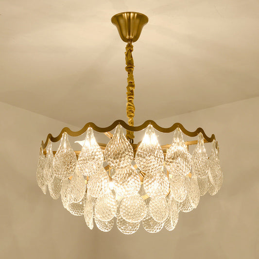 Postmodern Tiered Crystal Chandelier with 8 Bulbs - Clear K9, Brass Suspension Light for the Bedroom