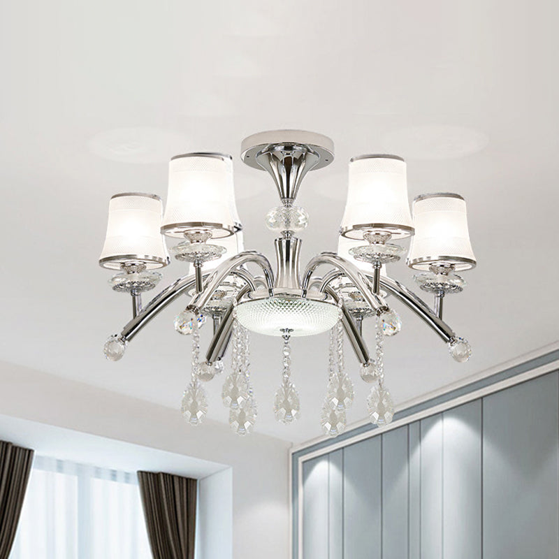 Plafonnier semi-encastré contemporain en forme de cloche avec pendentif en cristal - Plafonnier chromé à 6 ampoules en verre dépoli