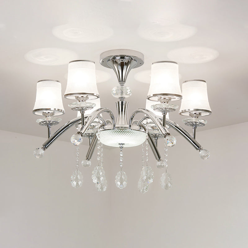 Plafonnier semi-encastré contemporain en forme de cloche avec pendentif en cristal - Plafonnier chromé à 6 ampoules en verre dépoli